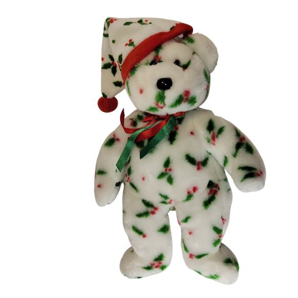 2002 Ty Beanie Buddies Holly Teddy Bear Christmas Plush 14" Red Green Hat - Picture 5 of 13